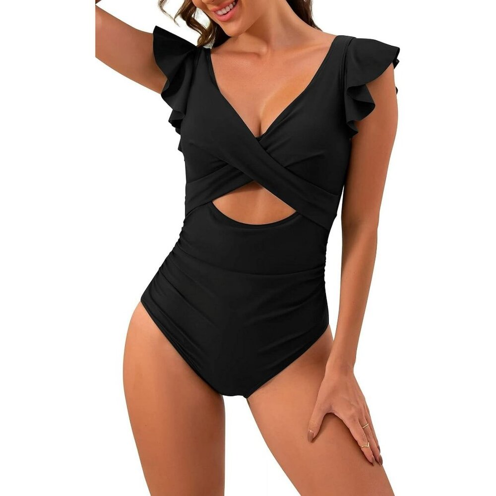 Women’s One Piece Swimsuit – Ruffle Cutout, Tummy Control, V-Neck Wrap | Black